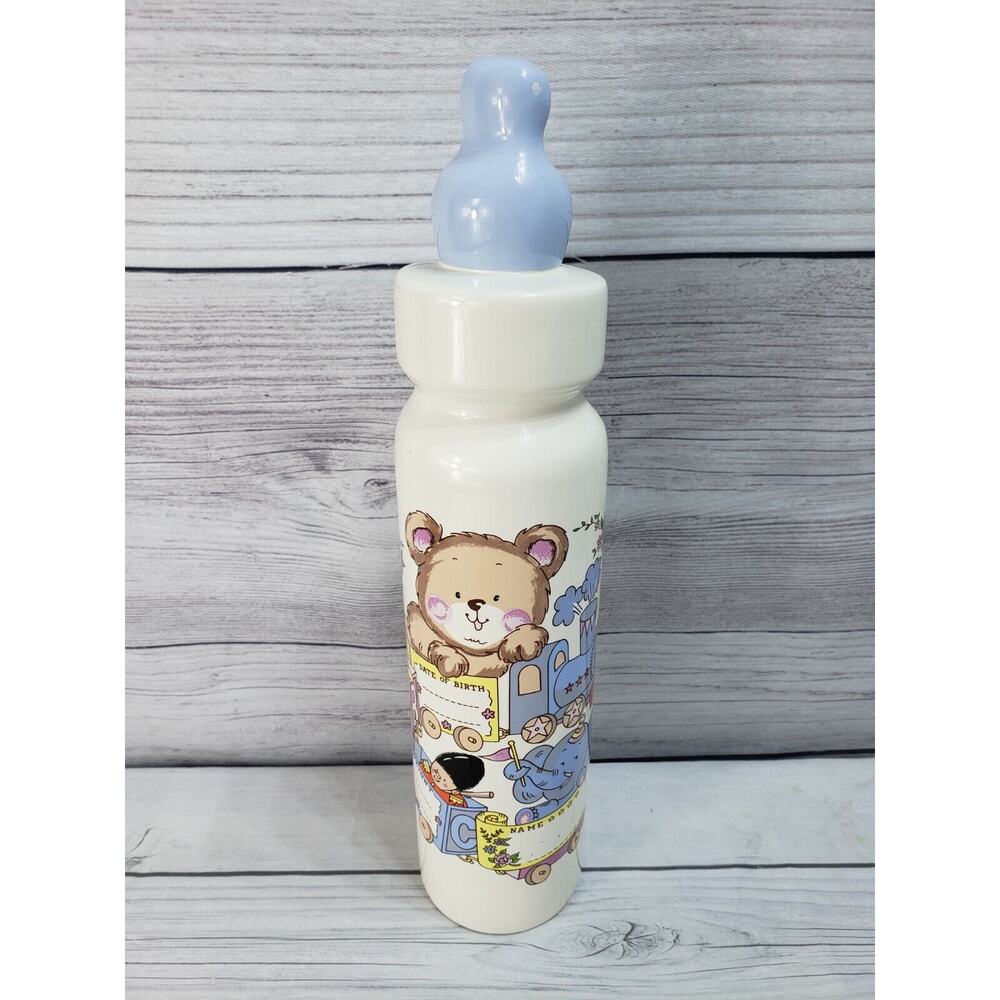 Cambium Designs Blue Boy Baby Bottle Bank Ceramic Personalized 1986 Vintage